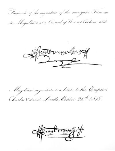 Twee Voorbeelden van de Handtekening van Ferdinand Magellan (ca. 1480-1521), uit 1510 en 1518 door Unbekannt Unbekannt